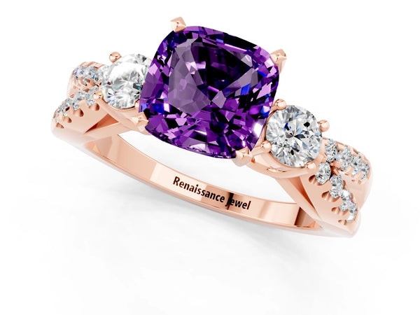 Rose gold Cushion Cut Amethyst Three-Stone Ring with Pavé Split Shank and Four-Prong Setting