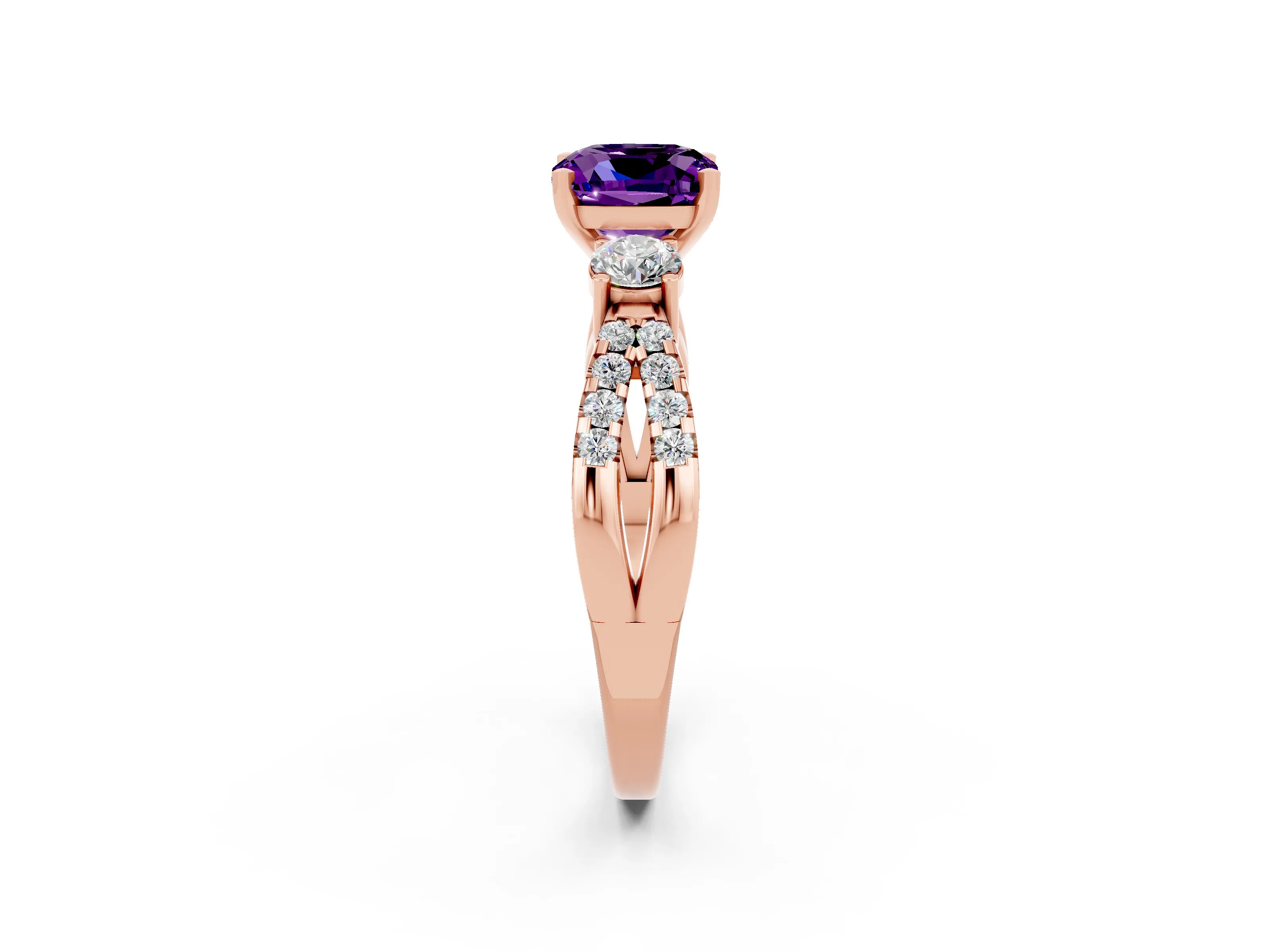 Rose gold Cushion Cut Amethyst Three-Stone Ring with Pavé Split Shank and Four-Prong Setting_14