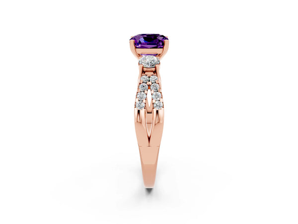 Rose gold Cushion Cut Amethyst Three-Stone Ring with Pavé Split Shank and Four-Prong Setting