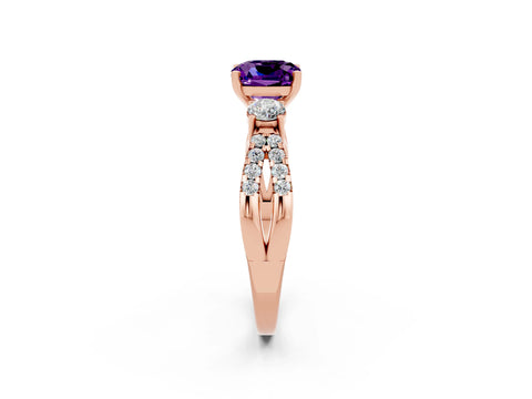 Rose gold Cushion Cut Amethyst Three-Stone Ring with Pavé Split Shank and Four-Prong Setting_14