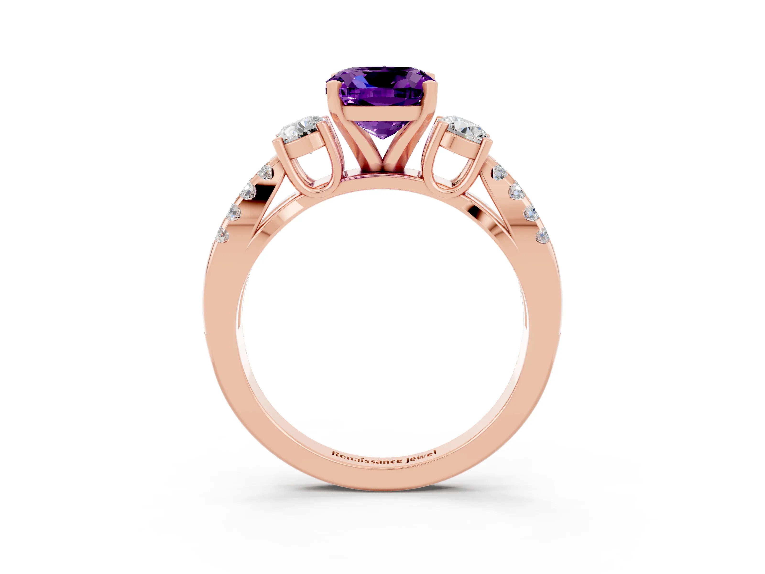 Rose gold Cushion Cut Amethyst Three-Stone Ring with Pavé Split Shank and Four-Prong Setting_15