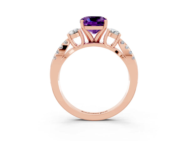 Rose gold Cushion Cut Amethyst Three-Stone Ring with Pavé Split Shank and Four-Prong Setting