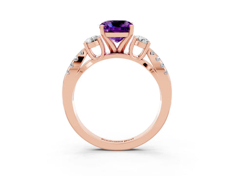 Rose gold Cushion Cut Amethyst Three-Stone Ring with Pavé Split Shank and Four-Prong Setting_15