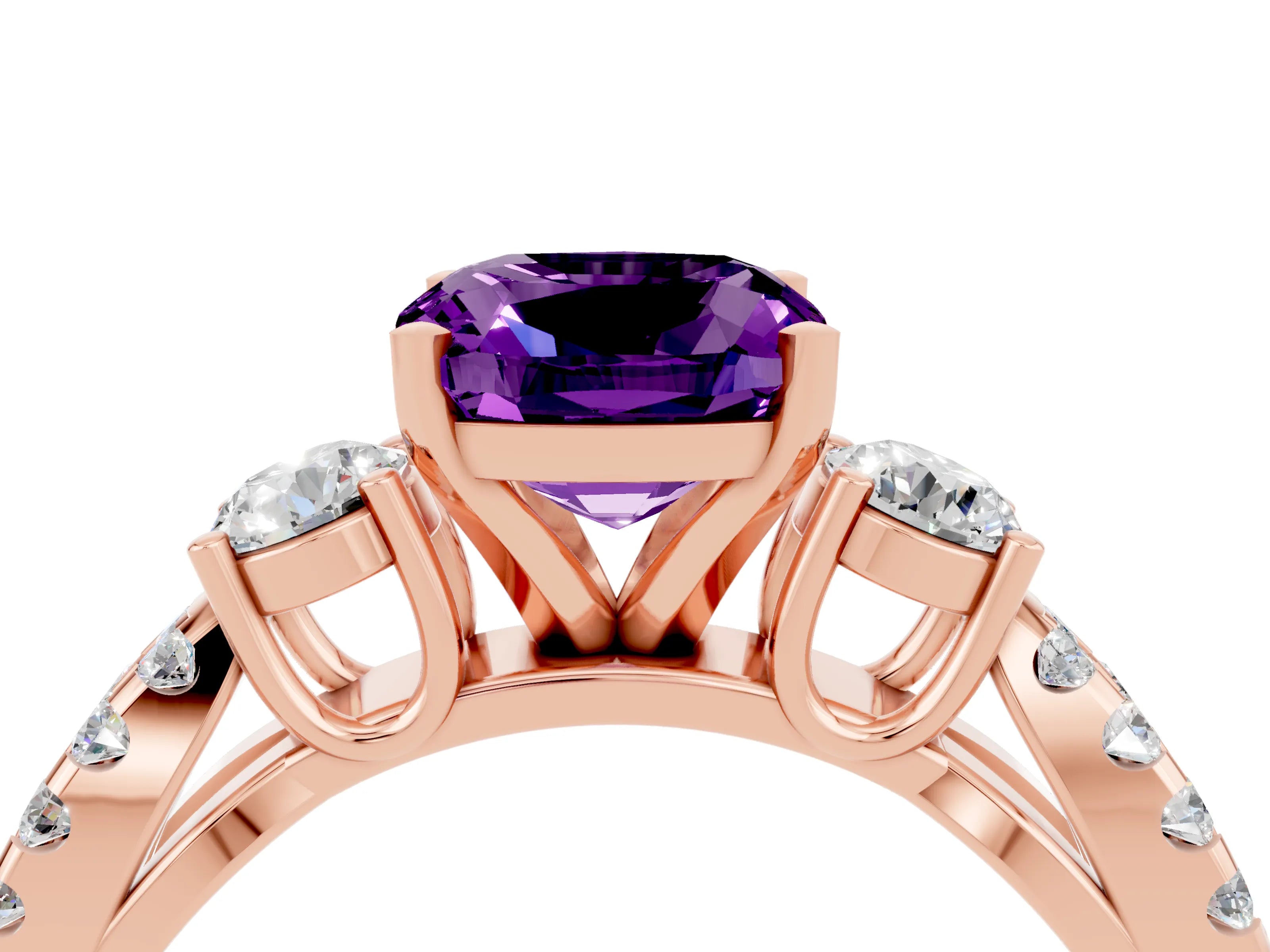 Rose gold Cushion Cut Amethyst Three-Stone Ring with Pavé Split Shank and Four-Prong Setting_16