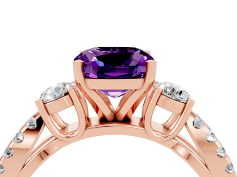 Rose gold Cushion Cut Amethyst Three-Stone Ring with Pavé Split Shank and Four-Prong Setting_16