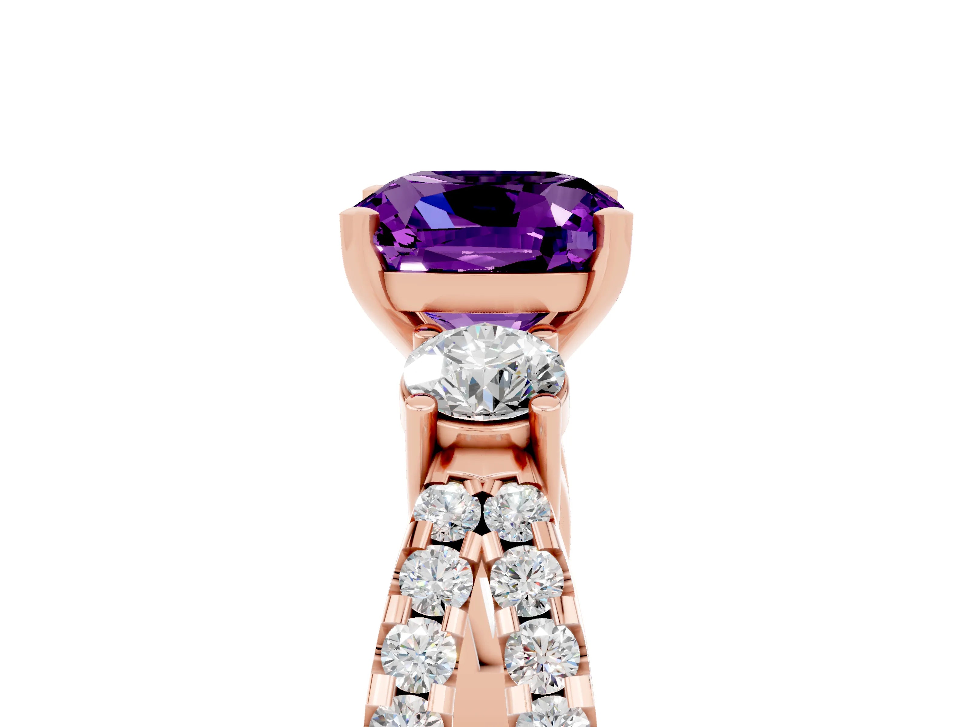 Rose gold Cushion Cut Amethyst Three-Stone Ring with Pavé Split Shank and Four-Prong Setting_17