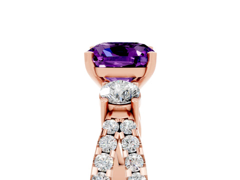 Rose gold Cushion Cut Amethyst Three-Stone Ring with Pavé Split Shank and Four-Prong Setting_17