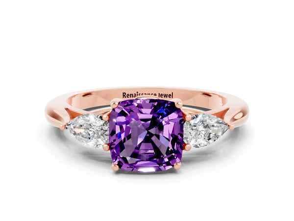 Rose gold Cushion Cut Amethyst Three-Stone Ring with Pear Side Stones and Prong Setting