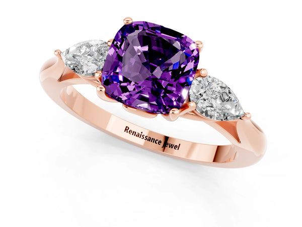 Rose gold Cushion Cut Amethyst Three-Stone Ring with Pear Side Stones and Prong Setting