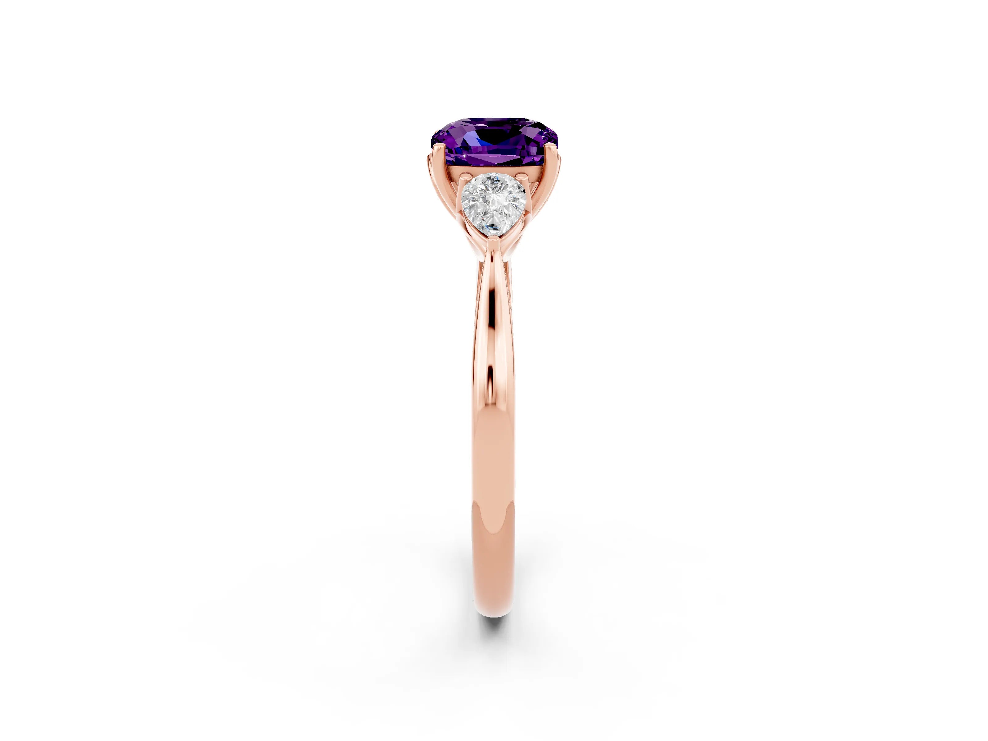 Rose gold Cushion Cut Amethyst Three-Stone Ring with Pear Side Stones and Four-Prong Setting_14