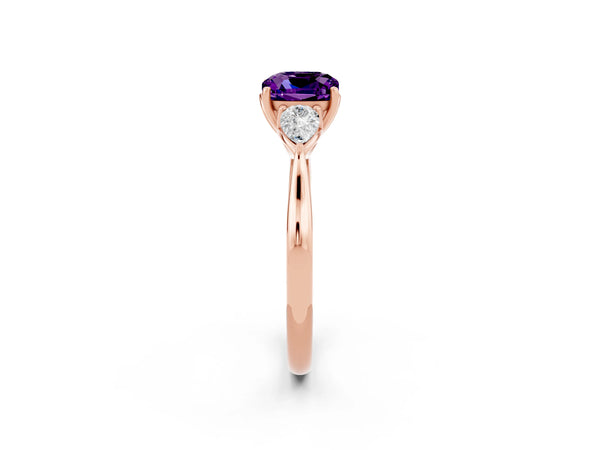 Rose gold Cushion Cut Amethyst Three-Stone Ring with Pear Side Stones and Prong Setting