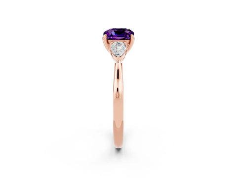 Rose gold Cushion Cut Amethyst Three-Stone Ring with Pear Side Stones and Four-Prong Setting_14