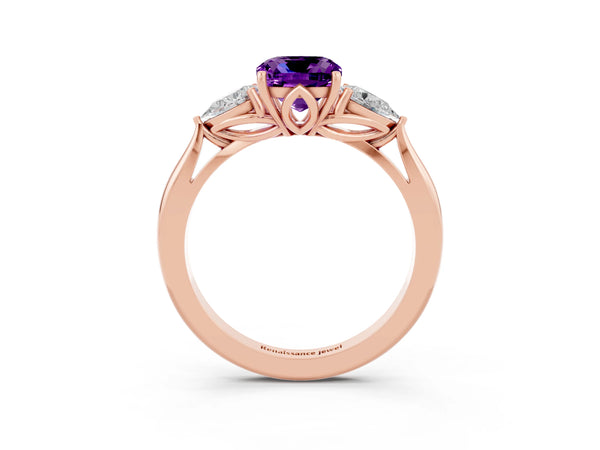 Rose gold Cushion Cut Amethyst Three-Stone Ring with Pear Side Stones and Prong Setting