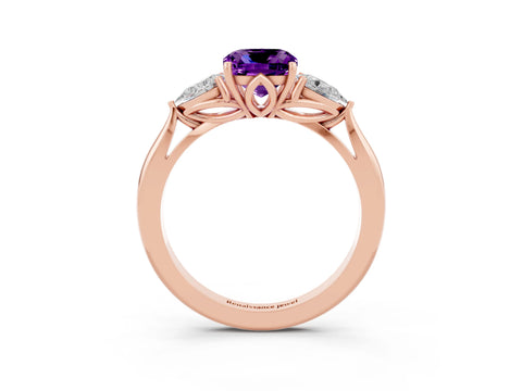 Rose gold Cushion Cut Amethyst Three-Stone Ring with Pear Side Stones and Four-Prong Setting_15