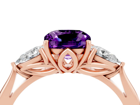 Rose gold Cushion Cut Amethyst Three-Stone Ring with Pear Side Stones and Four-Prong Setting_16