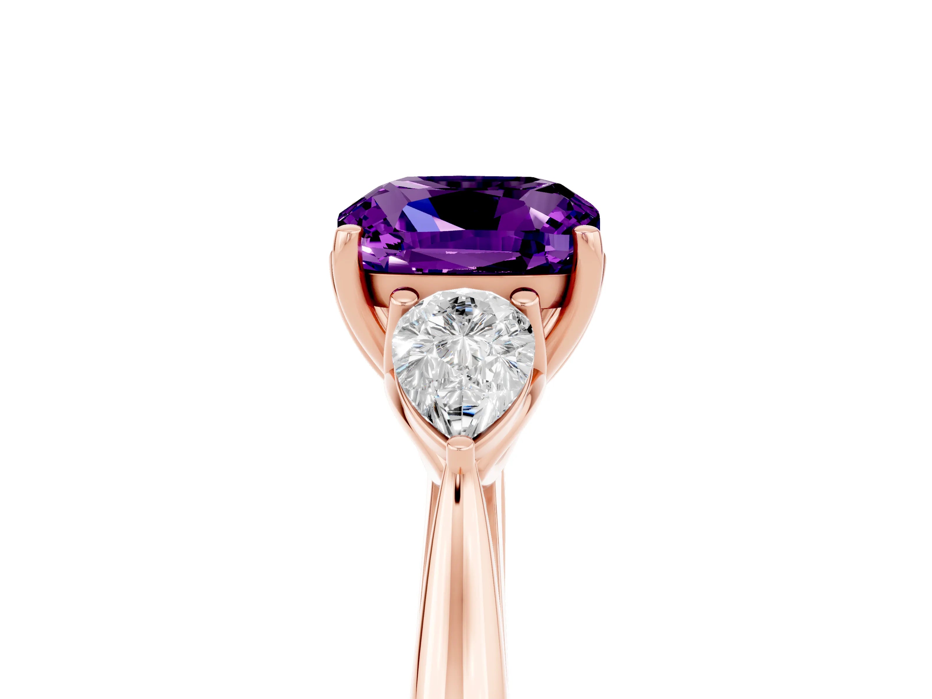 Rose gold Cushion Cut Amethyst Three-Stone Ring with Pear Side Stones and Four-Prong Setting_17