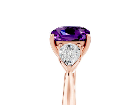 Rose gold Cushion Cut Amethyst Three-Stone Ring with Pear Side Stones and Four-Prong Setting_17