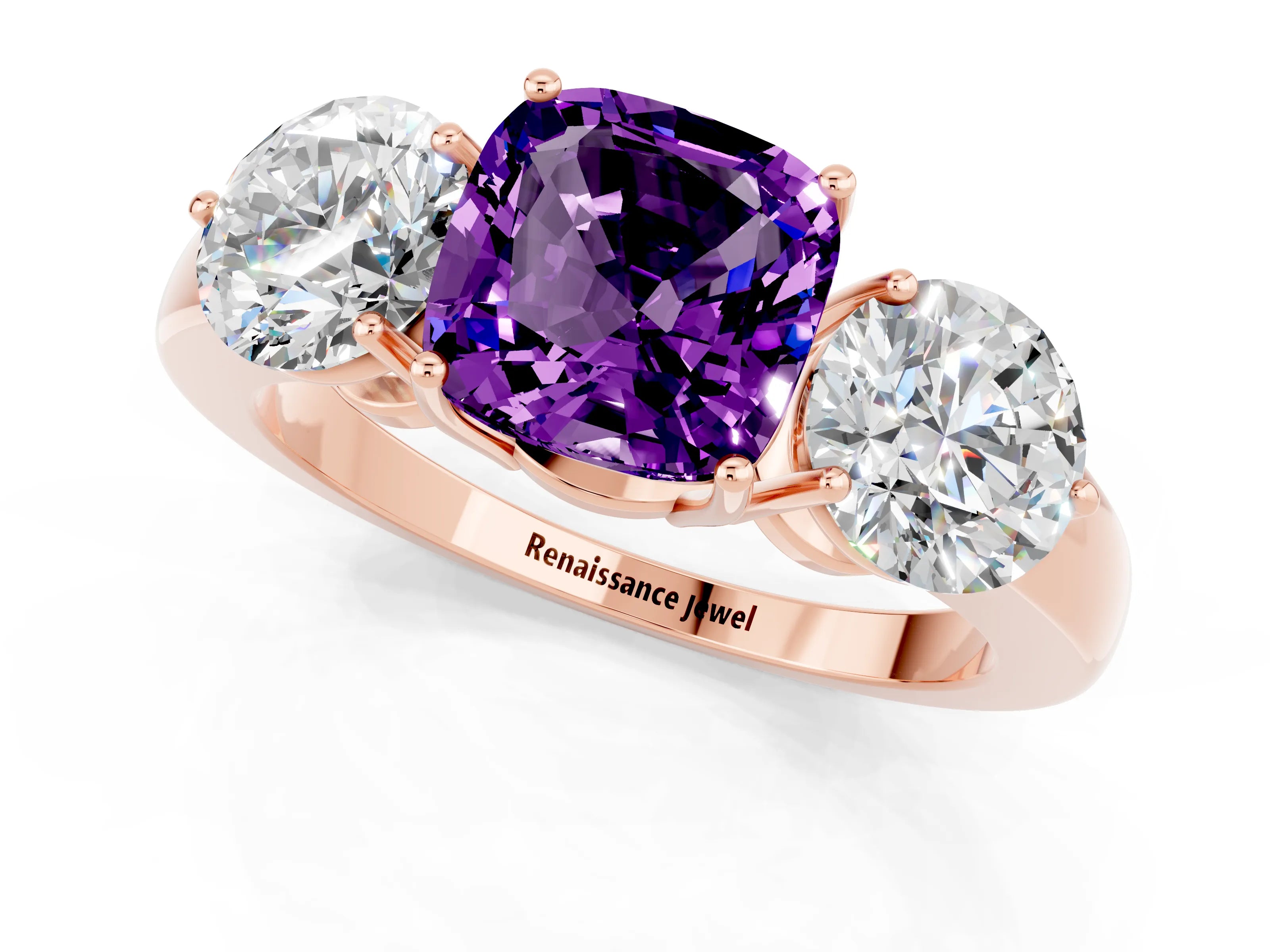 Rose gold Cushion Cut Amethyst Three-Stone Ring with Prong Setting and Classic Band_1