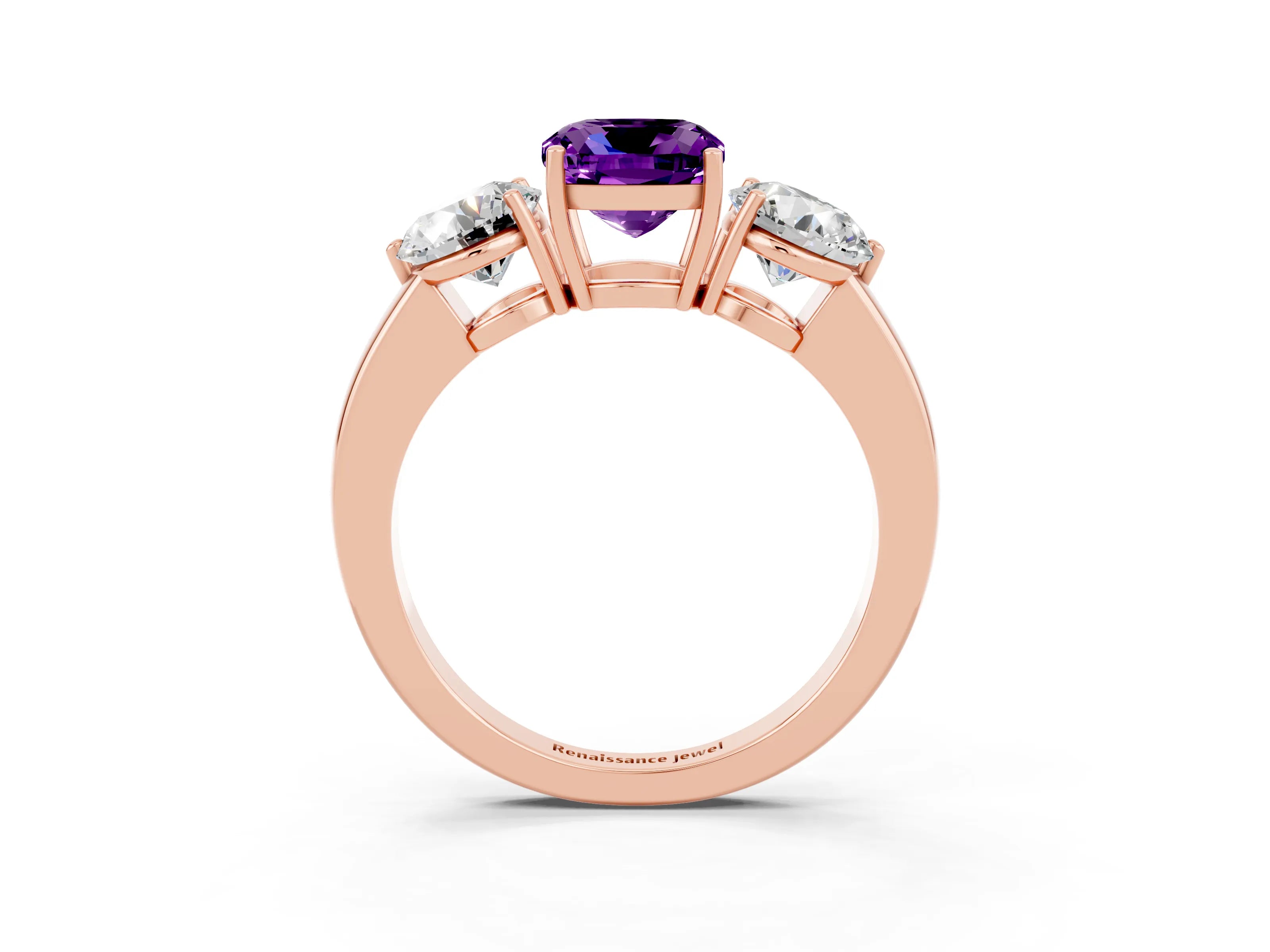 Rose gold Cushion Cut Amethyst Three-Stone Ring with Prong Setting and Classic Band_3