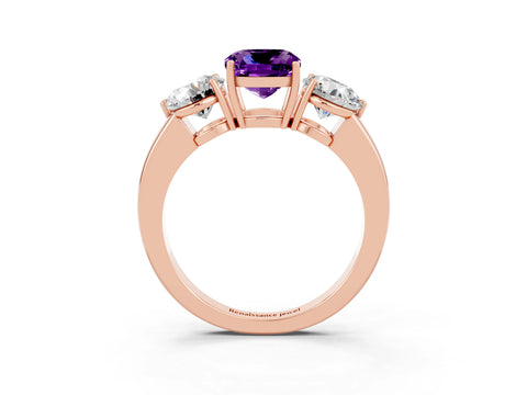 Rose gold Cushion Cut Amethyst Three-Stone Ring with Prong Setting and Classic Band_3