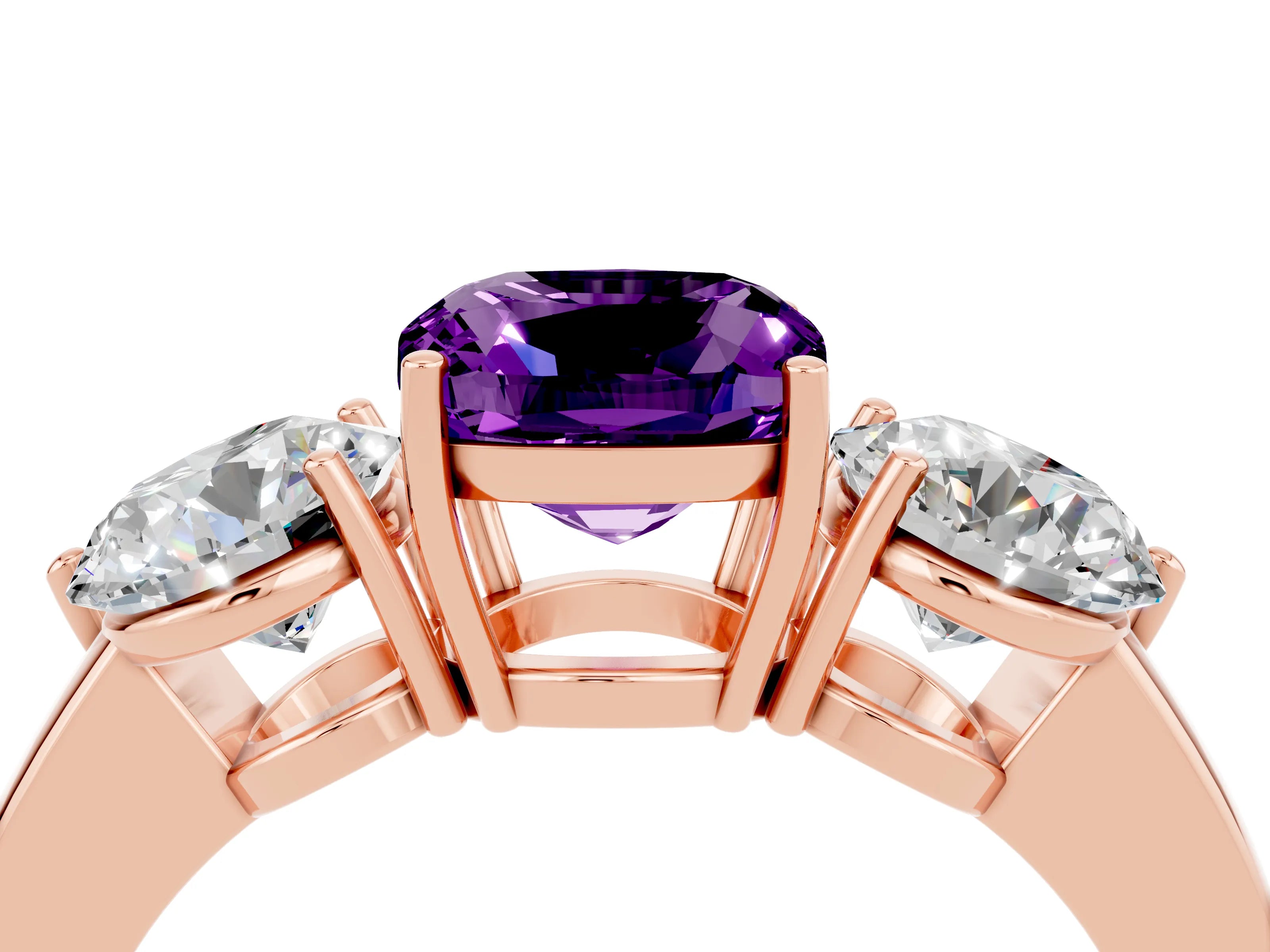 Rose gold Cushion Cut Amethyst Three-Stone Ring with Prong Setting and Classic Band_4