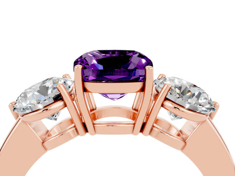 Rose gold Cushion Cut Amethyst Three-Stone Ring with Prong Setting and Classic Band_4