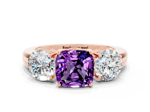 Rose gold Cushion Cut Amethyst Three-Stone Ring with Prong Setting and Classic Band