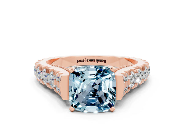 Rose gold Cushion Cut Aquamarine Classic Solitaire Ring with Pavé Band and Four-Prong Setting