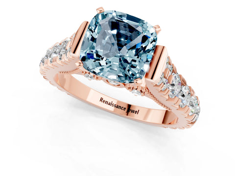 Rose gold Cushion Cut Aquamarine Classic Solitaire Ring with Pavé Band and Four-Prong Setting_1