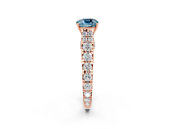 Rose gold Cushion Cut Aquamarine Classic Solitaire Ring with Pavé Band and Four-Prong Setting