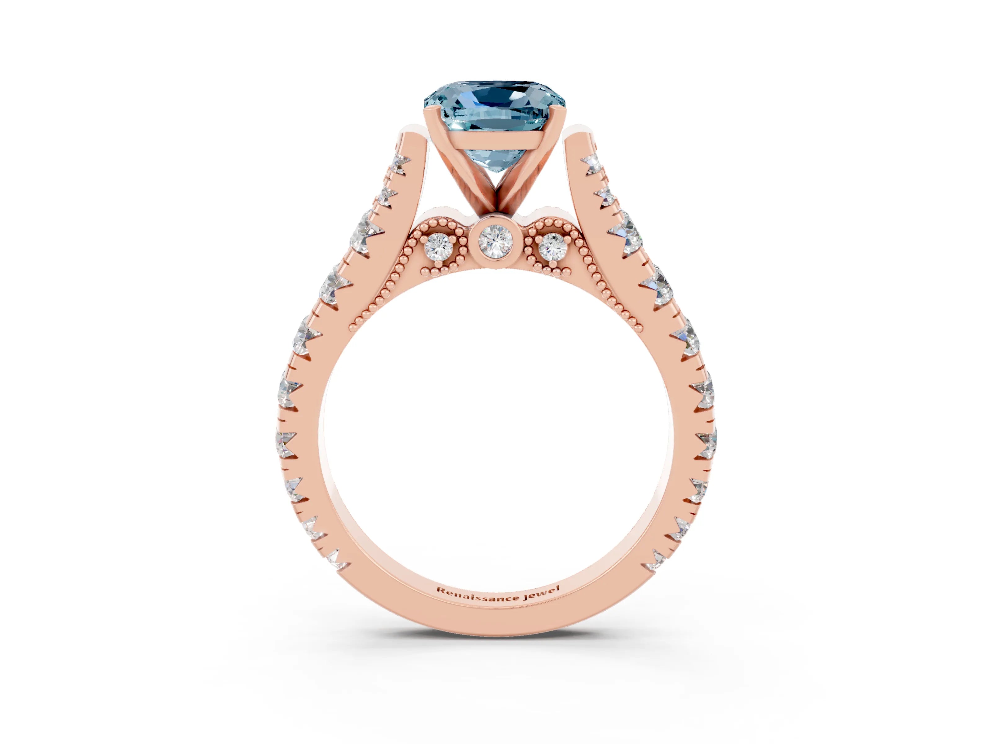 Rose gold Cushion Cut Aquamarine Classic Solitaire Ring with Pavé Band and Four-Prong Setting_3