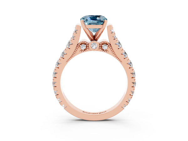 Rose gold Cushion Cut Aquamarine Classic Solitaire Ring with Pavé Band and Four-Prong Setting