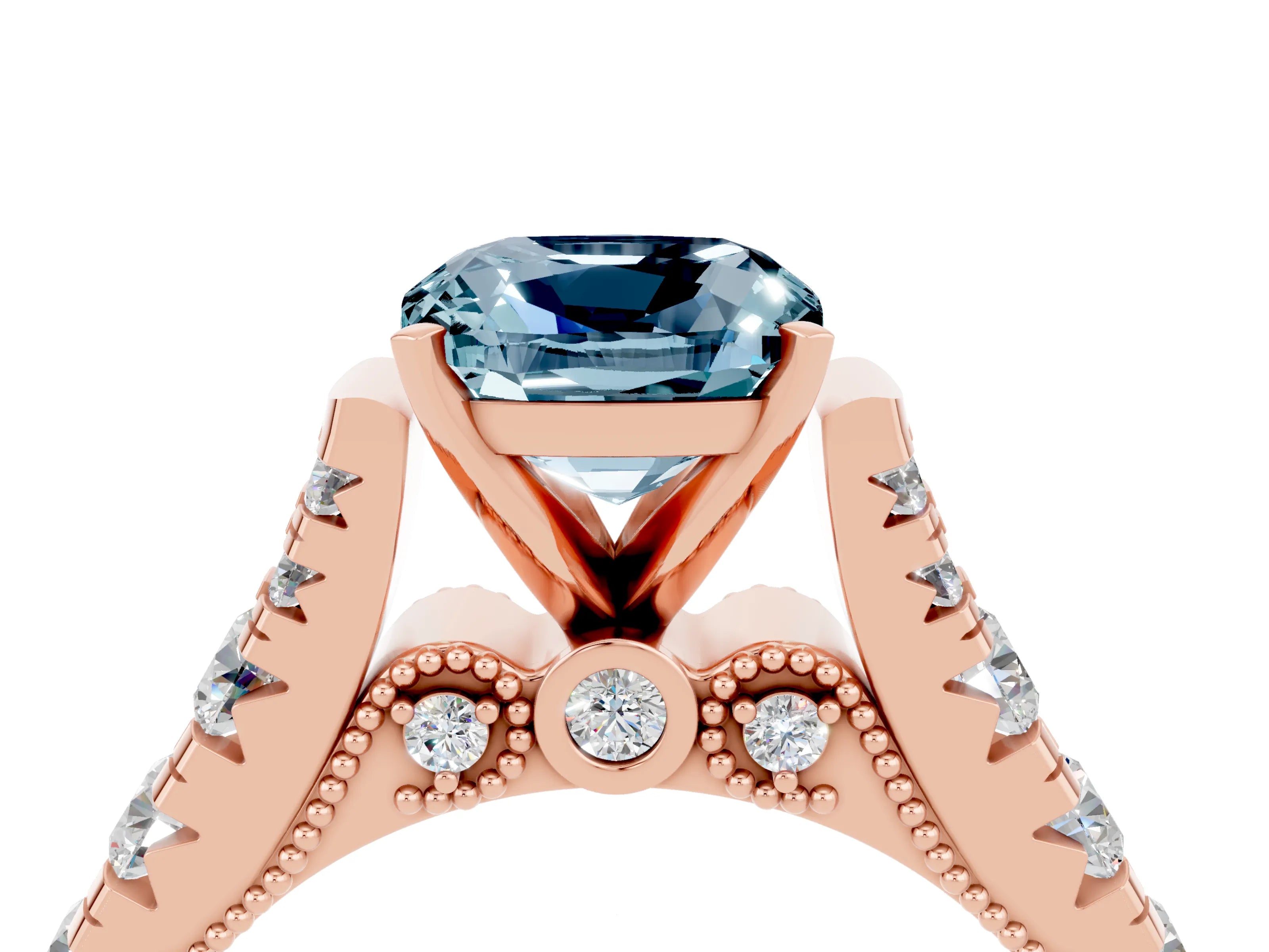 Rose gold Cushion Cut Aquamarine Classic Solitaire Ring with Pavé Band and Four-Prong Setting_4