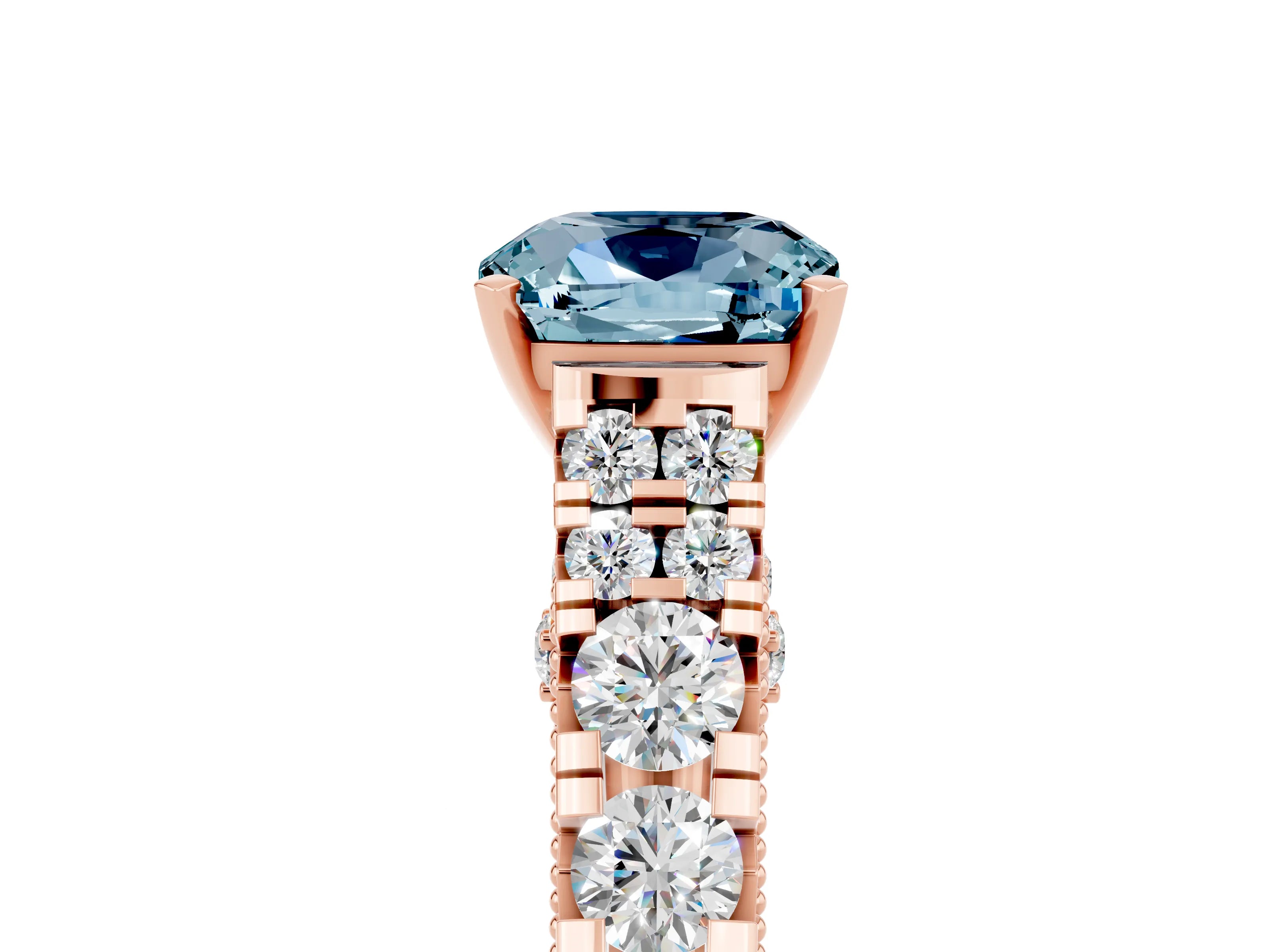 Rose gold Cushion Cut Aquamarine Classic Solitaire Ring with Pavé Band and Four-Prong Setting_5