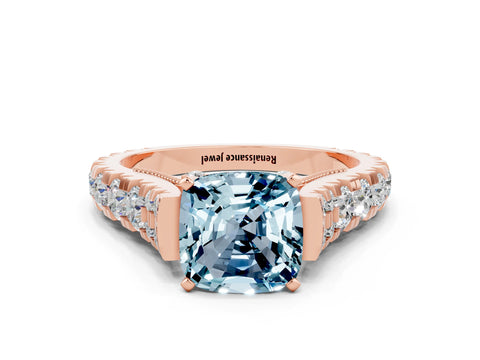 Rose gold Cushion Cut Aquamarine Classic Solitaire Ring with Pavé Band and Four-Prong Setting