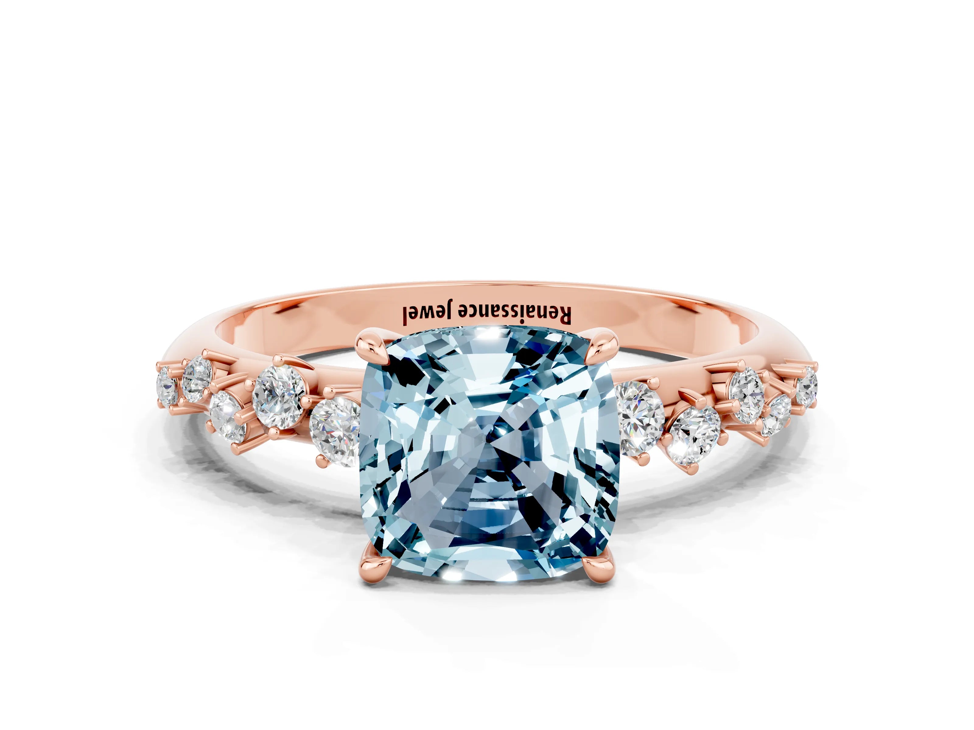 Rose gold Cushion Cut Aquamarine Cluster Side Stone Solitaire Ring with Prong Setting_24