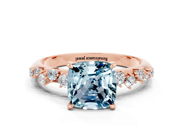 Rose gold Cushion Cut Aquamarine Cluster Side Stone Solitaire Ring with Prong Setting