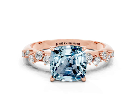 Rose gold Cushion Cut Aquamarine Cluster Side Stone Solitaire Ring with Prong Setting_24