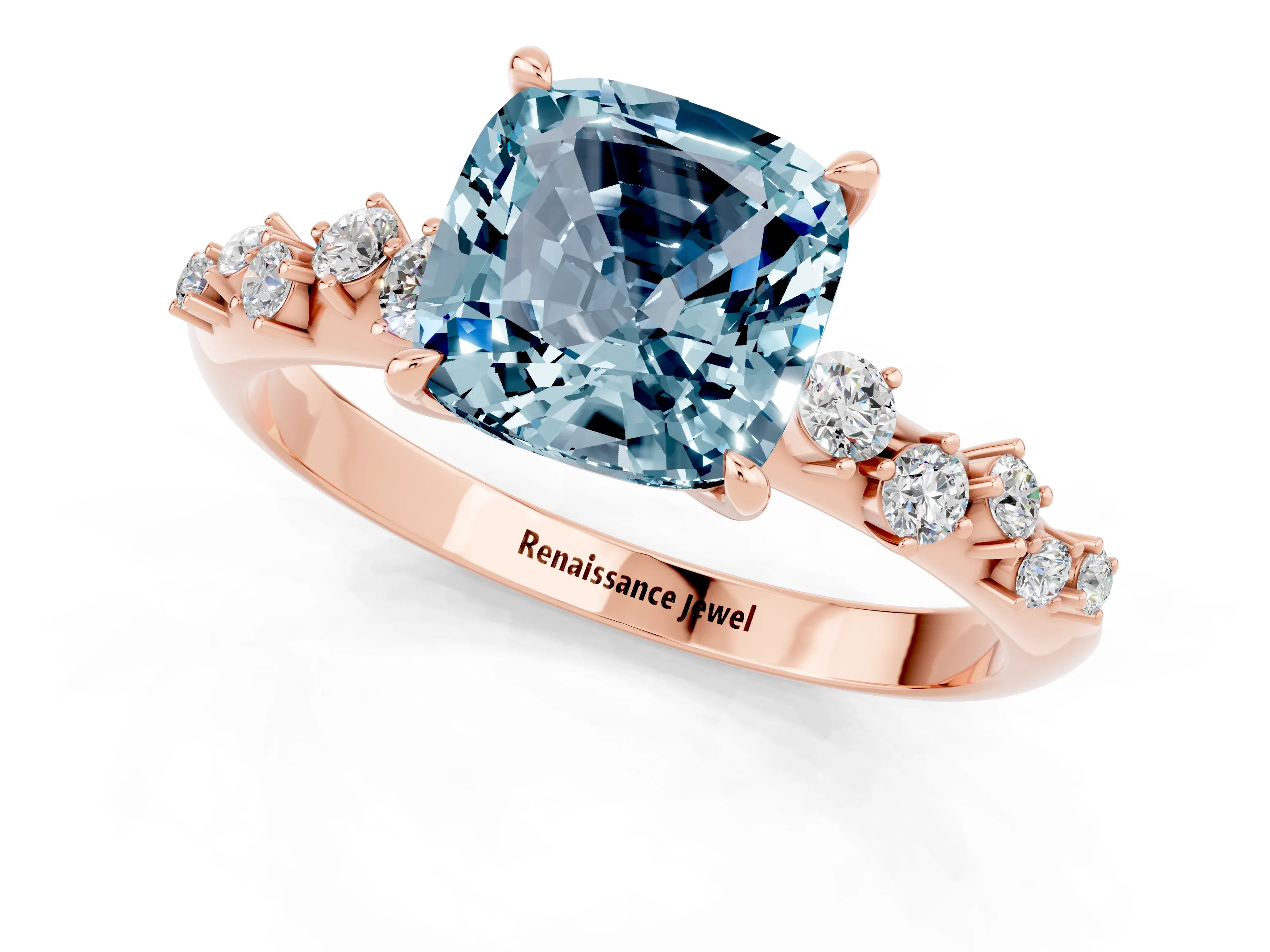 Rose gold Cushion Cut Aquamarine Cluster Side Stone Solitaire Ring with Prong Setting_25