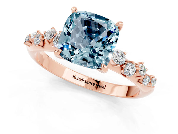Rose gold Cushion Cut Aquamarine Cluster Side Stone Solitaire Ring with Prong Setting