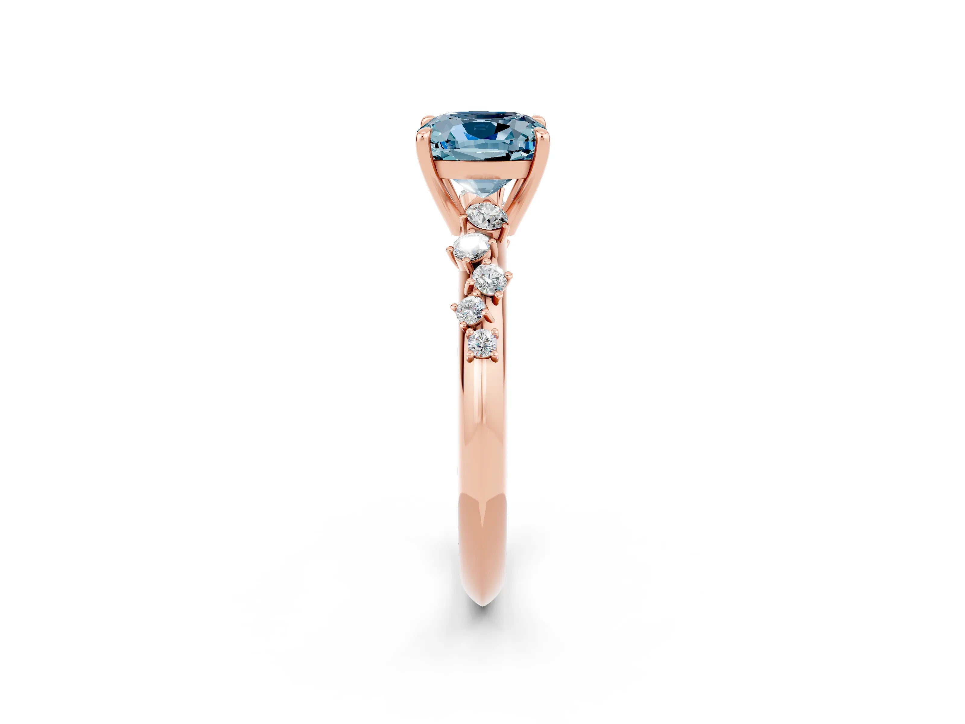 Rose gold Cushion Cut Aquamarine Cluster Side Stone Solitaire Ring with Prong Setting_26