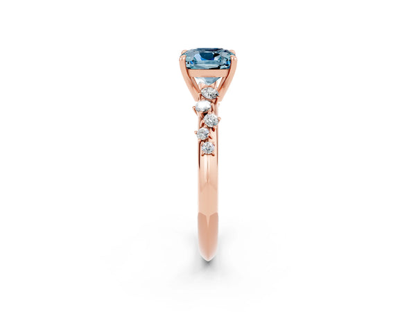 Rose gold Cushion Cut Aquamarine Cluster Side Stone Solitaire Ring with Prong Setting