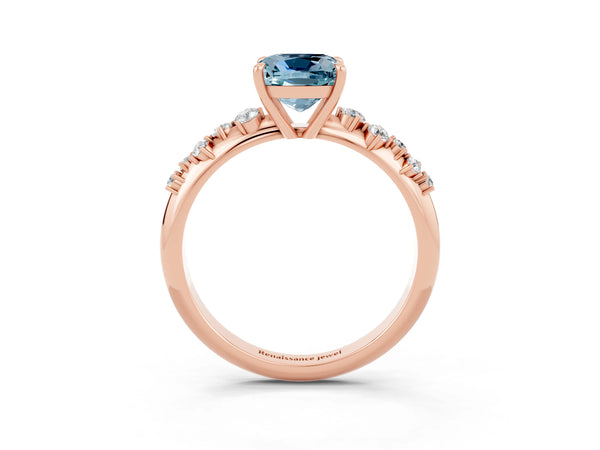 Rose gold Cushion Cut Aquamarine Cluster Side Stone Solitaire Ring with Prong Setting