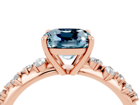 Rose gold Cushion Cut Aquamarine Cluster Side Stone Solitaire Ring with Prong Setting_28