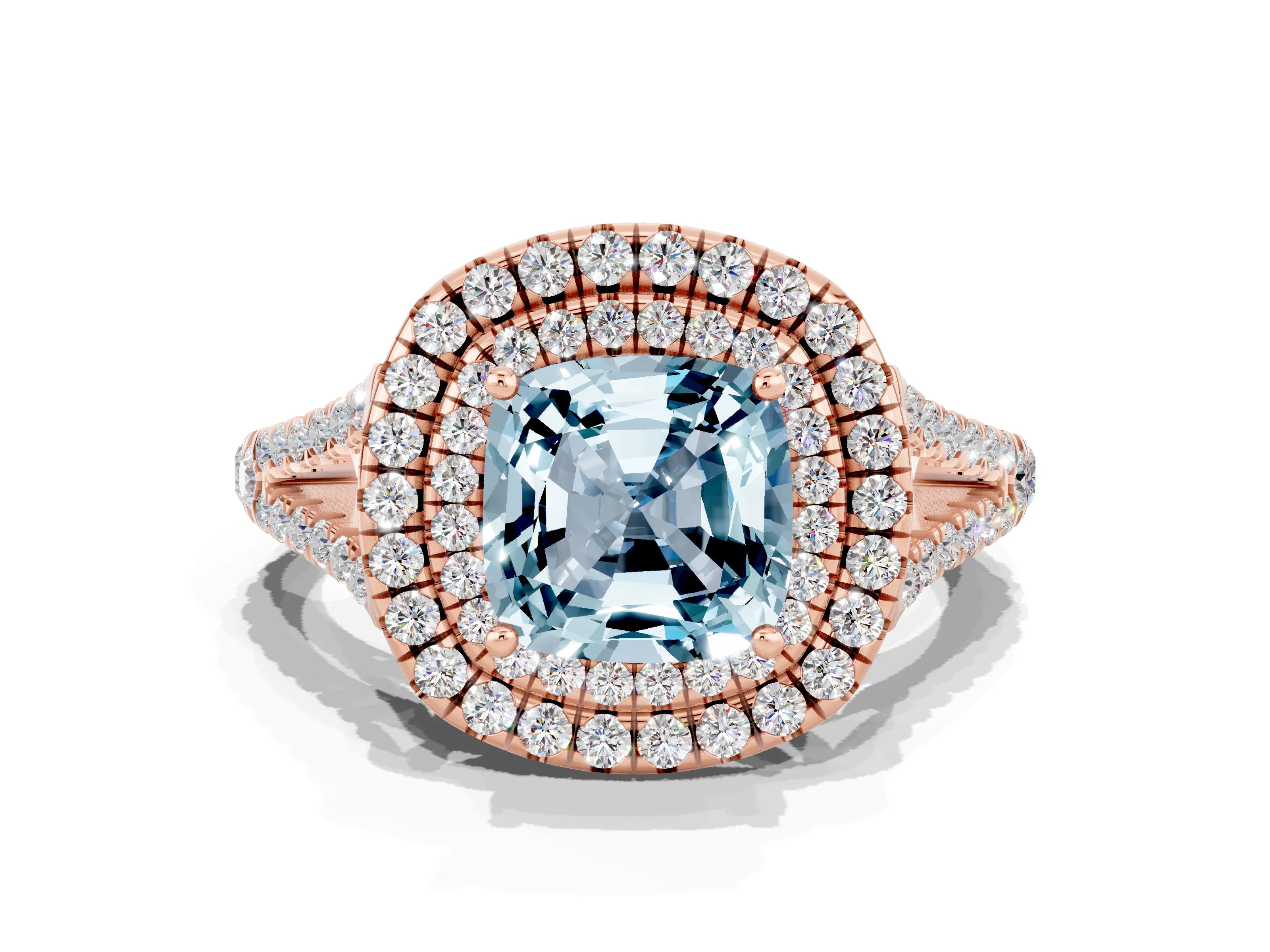 Rose gold Cushion Cut Aquamarine Double Halo Ring with Pavé Band and Prong Setting_12