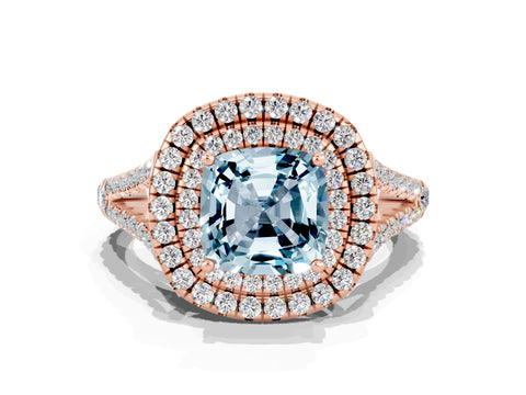 Rose gold Cushion Cut Aquamarine Double Halo Ring with Pavé Band and Prong Setting_12