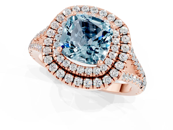 Rose gold Cushion Cut Aquamarine Double Halo Ring with Pavé Band and Prong Setting