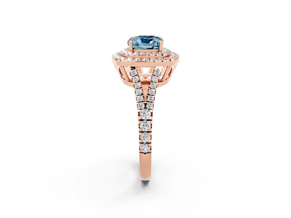 Rose gold Cushion Cut Aquamarine Double Halo Ring with Pavé Band and Prong Setting
