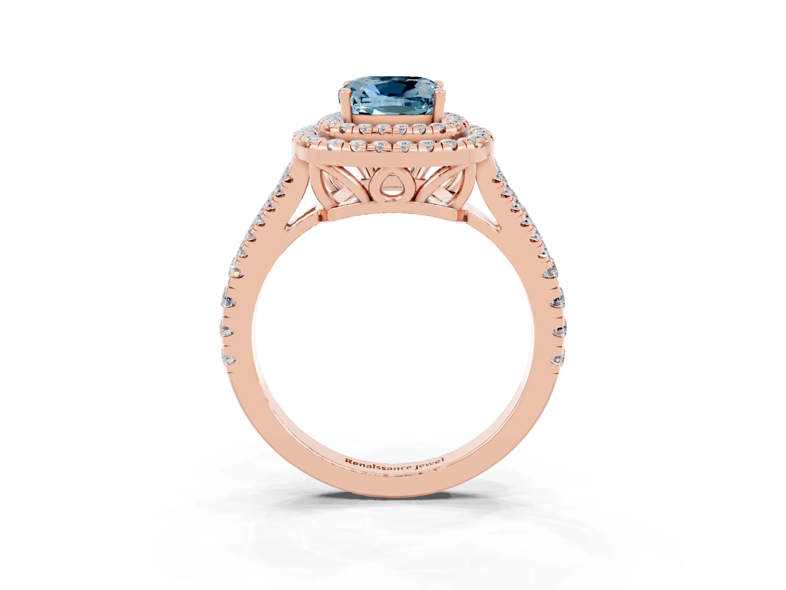 Rose gold Cushion Cut Aquamarine Double Halo Ring with Pavé Band and Prong Setting_15