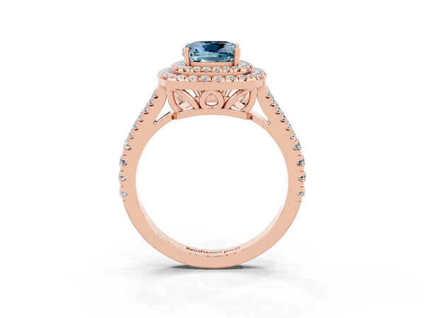 Rose gold Cushion Cut Aquamarine Double Halo Ring with Pavé Band and Prong Setting